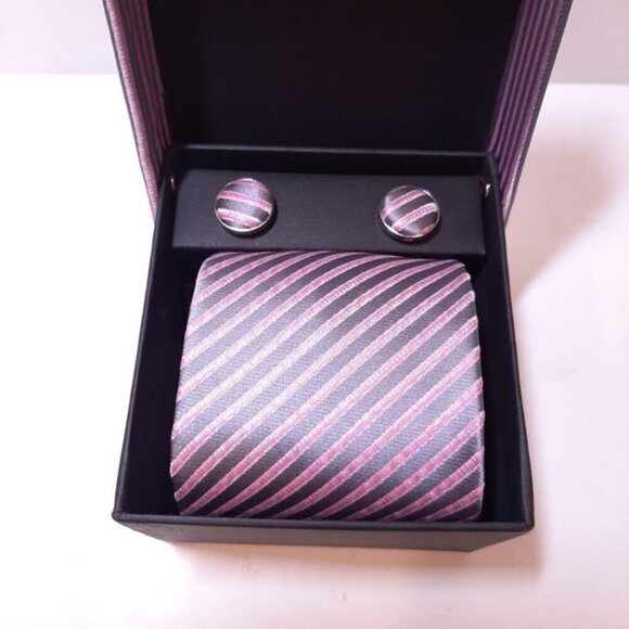 3 Pc Boxed Gift Tie Set Coordinated Print Cuff Links Pocket Square - Picture 3 of 7